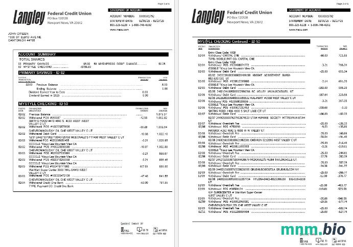 Wyciąg z banku USA Langley Federal Credit Union, 6 stron 3